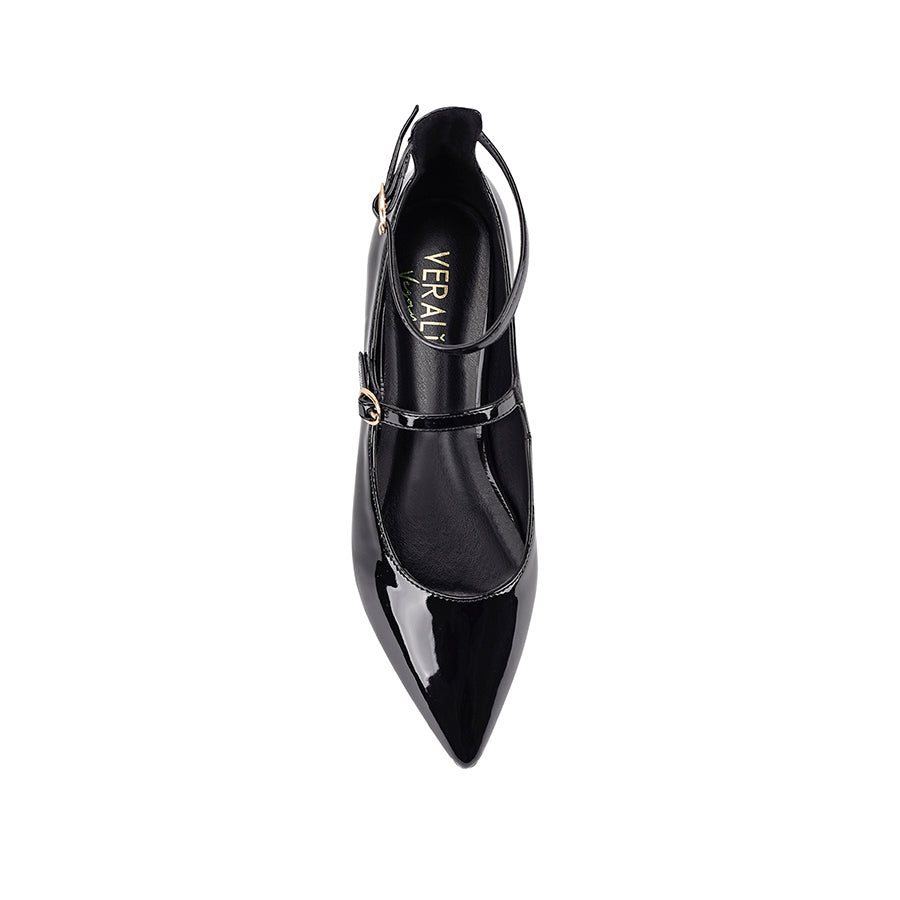 Women's black patent pointed toe ballet flats with buckle