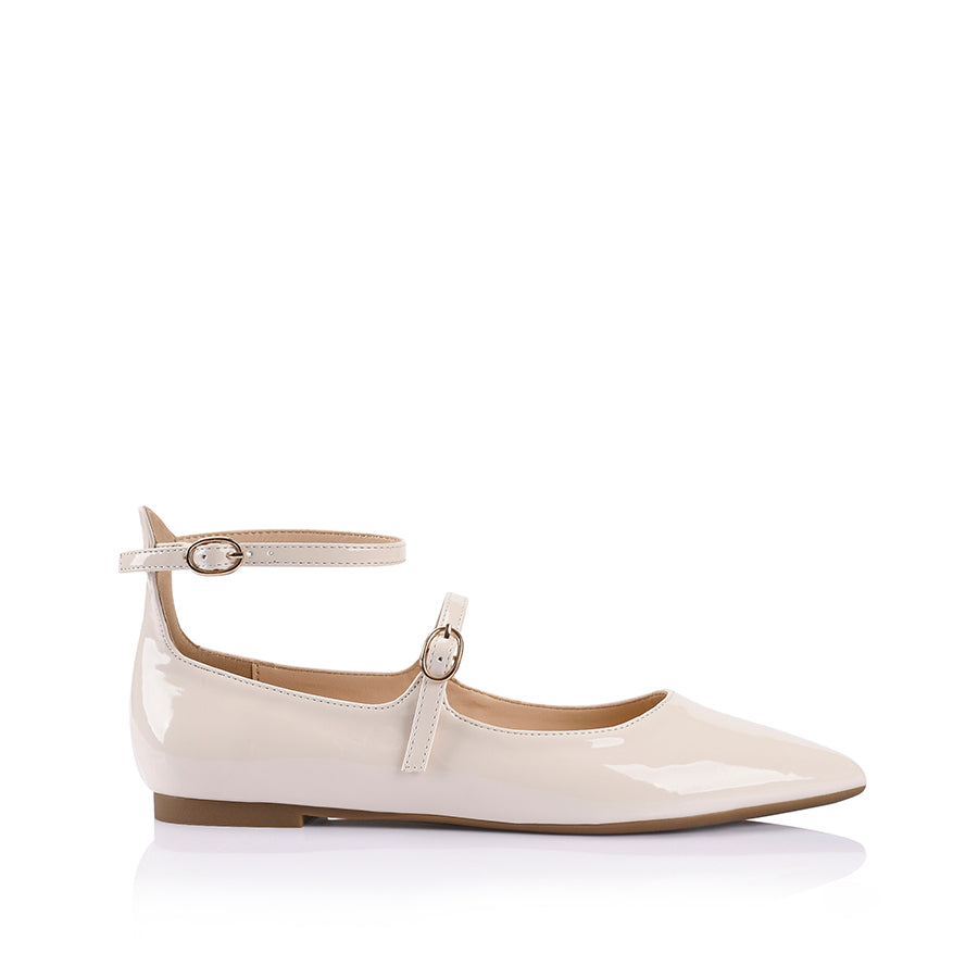 Women's bone white patent ballet flats with buckle fastening and pointed toe
