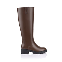 Brown knee-high boot on a a chunky sole