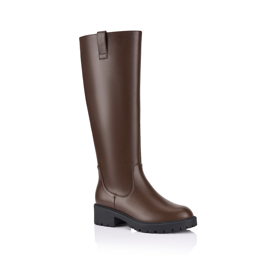 Brown knee-high boot on a a chunky sole