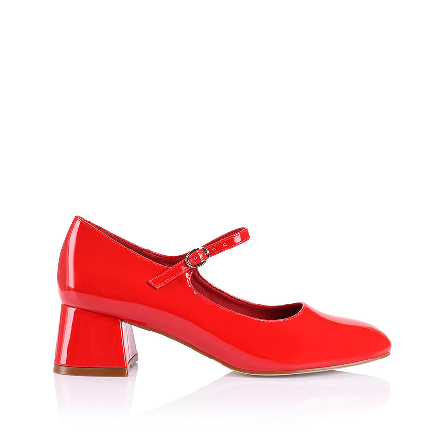 Women's red patent Mary Jane block heel shoes