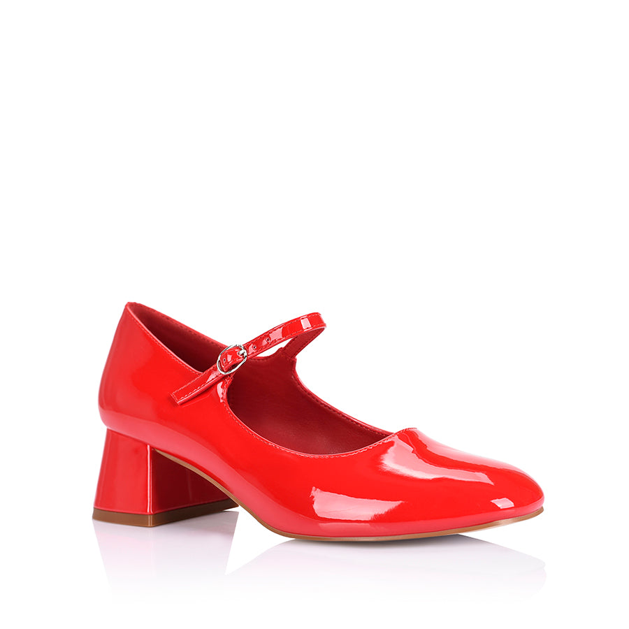 Women's red patent Mary Jane block heel shoes