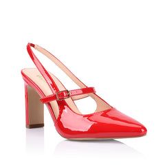 Women's slingback block heel with adjustable strap and pointed toe in patent finish