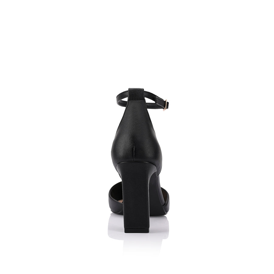Women's black smooth pointed toe block heel with cupped sole and adjustable ankle strap