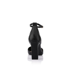 Women's black smooth pointed toe block heel with cupped sole and adjustable ankle strap