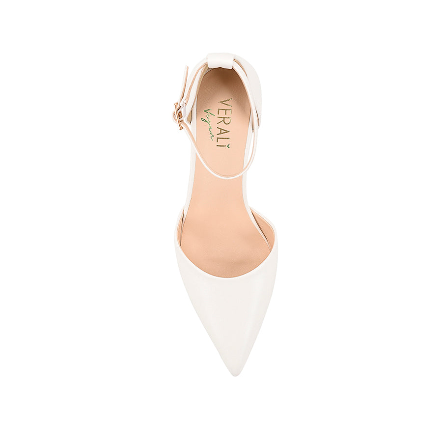 Women's white smooth pointed toe block heel with cupped sole and adjustable ankle strap