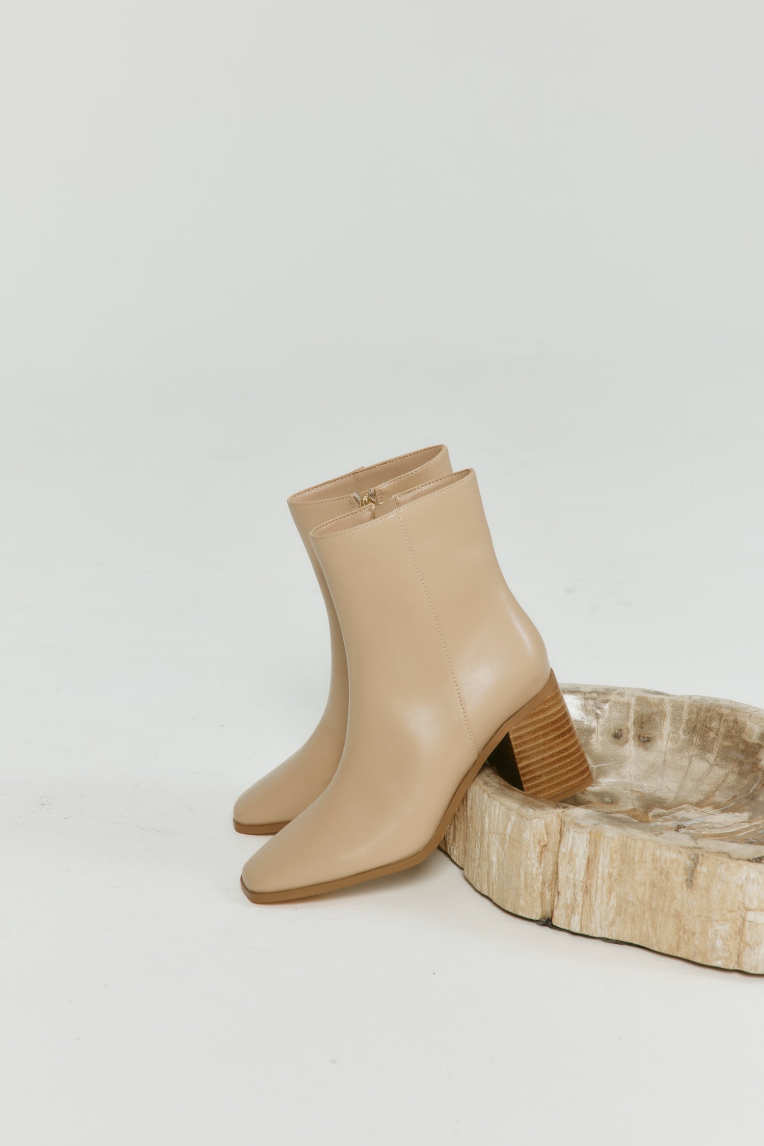 Women's beige nude vegan leather square toe heeled ankle boot 