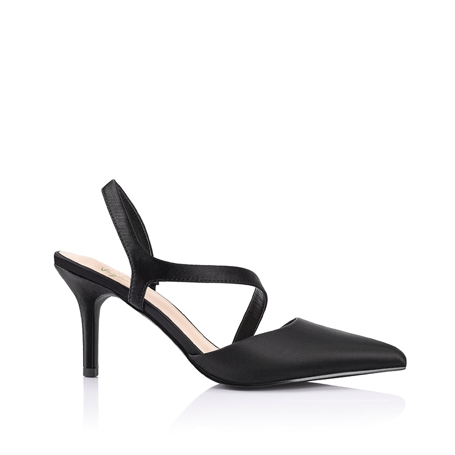 Women's black satin high heel pointed toe