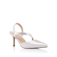Women's white satin high heel with pointed toe