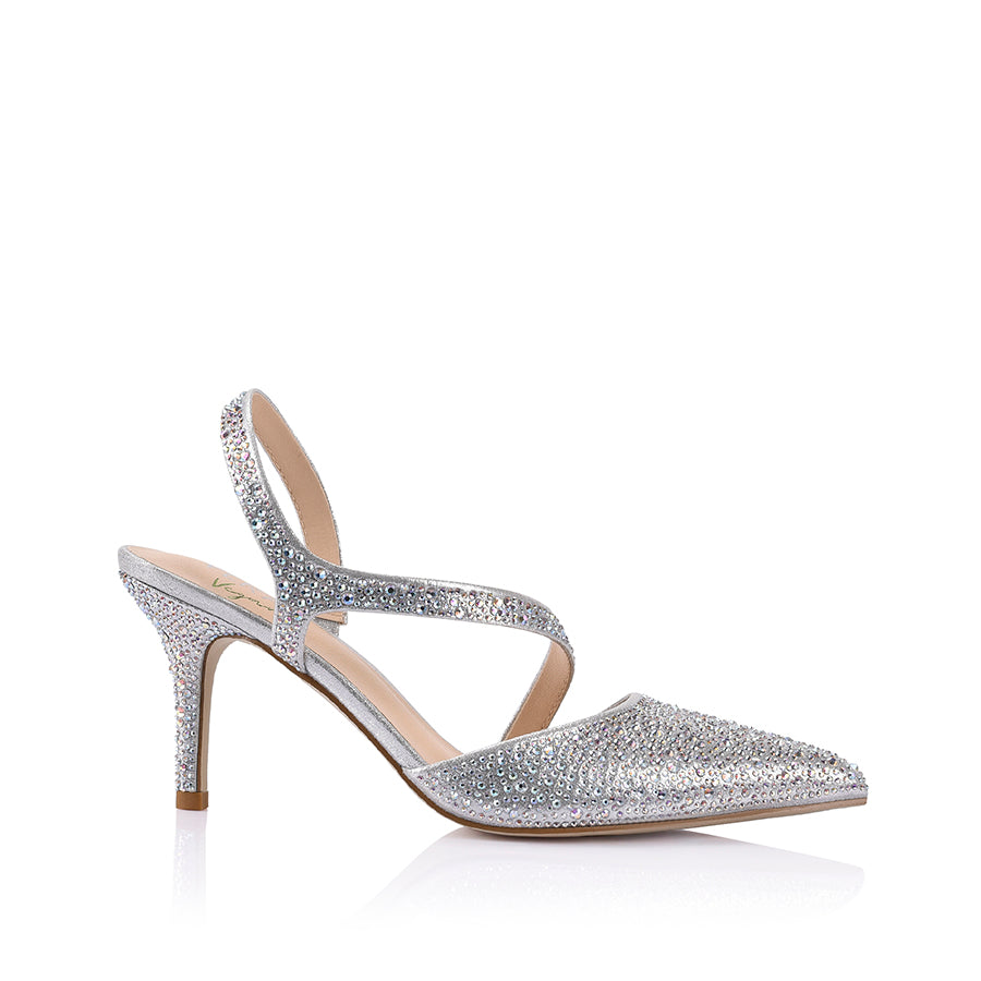Women's silver glitter high heel with pointed toe