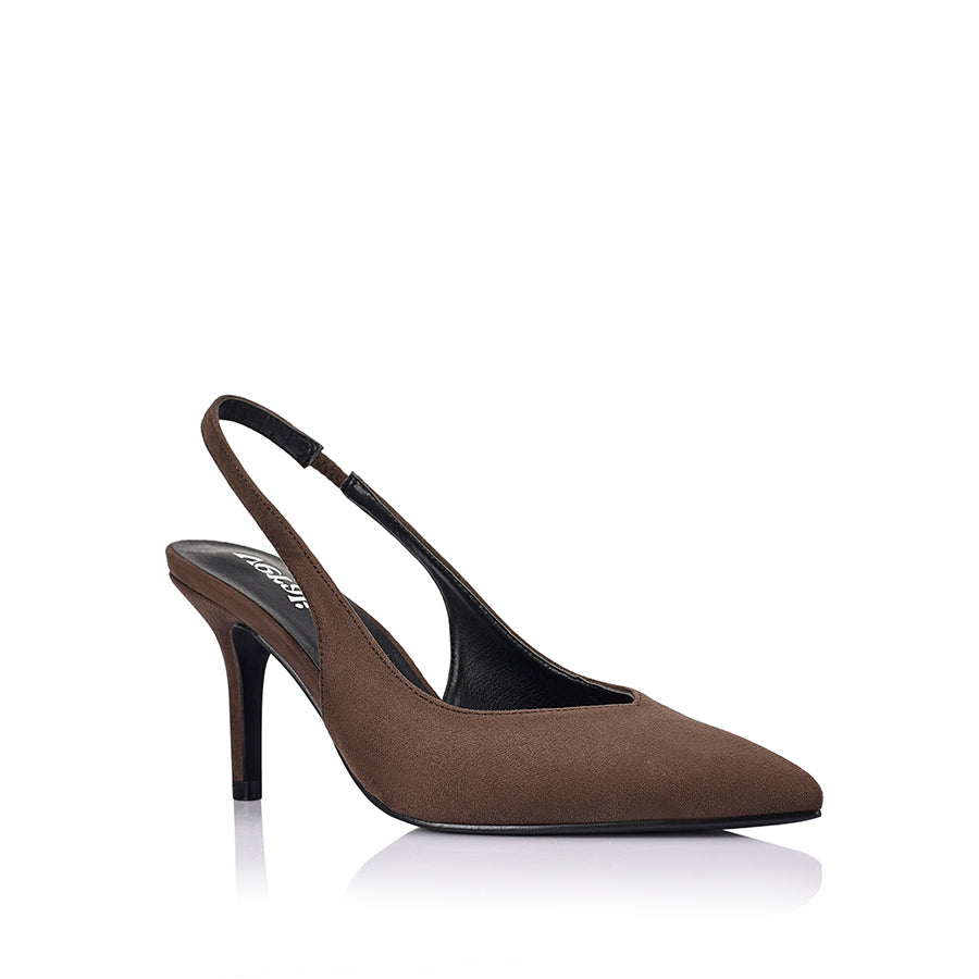 Women's Chocolate brown microsuede stiletto slingback heels with pointed toe and v cut upper
