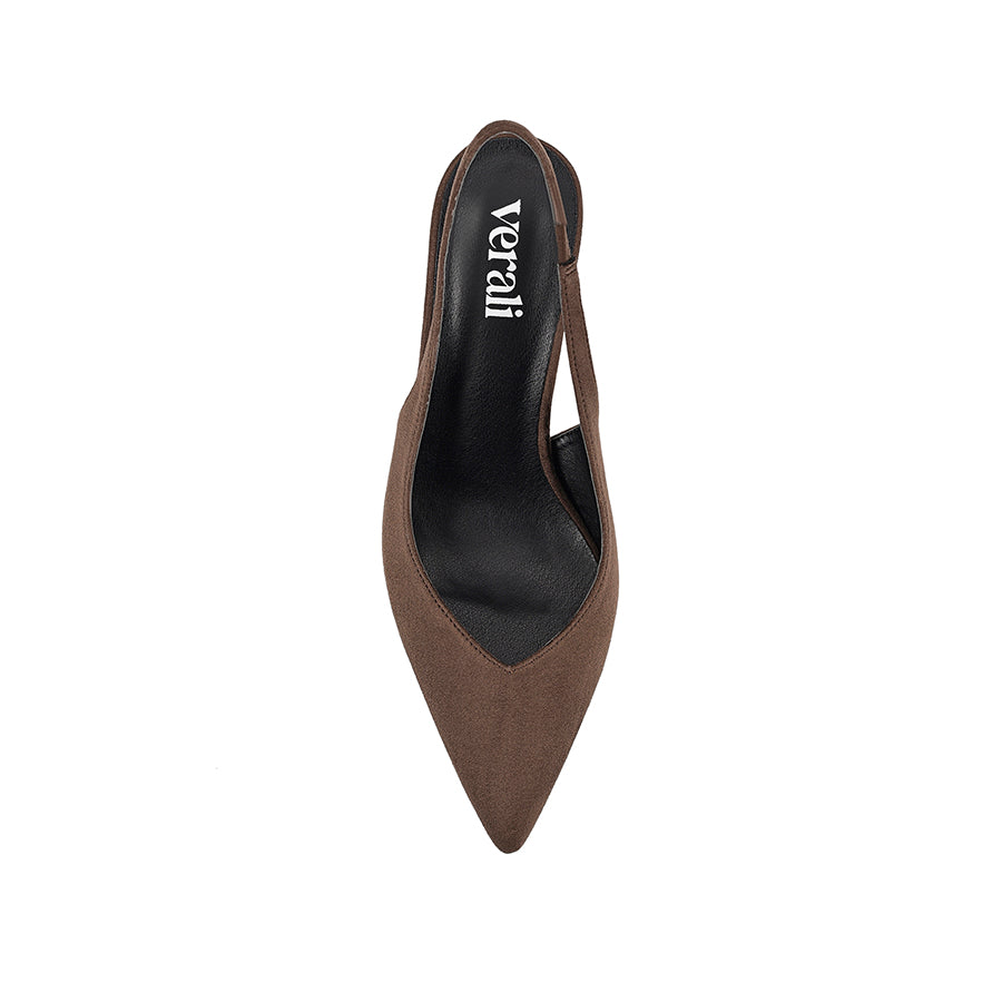 Women's Chocolate brown microsuede stiletto slingback heels with pointed toe and v cut upper
