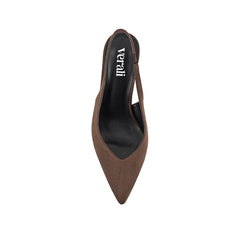 Women's Chocolate brown microsuede stiletto slingback heels with pointed toe and v cut upper
