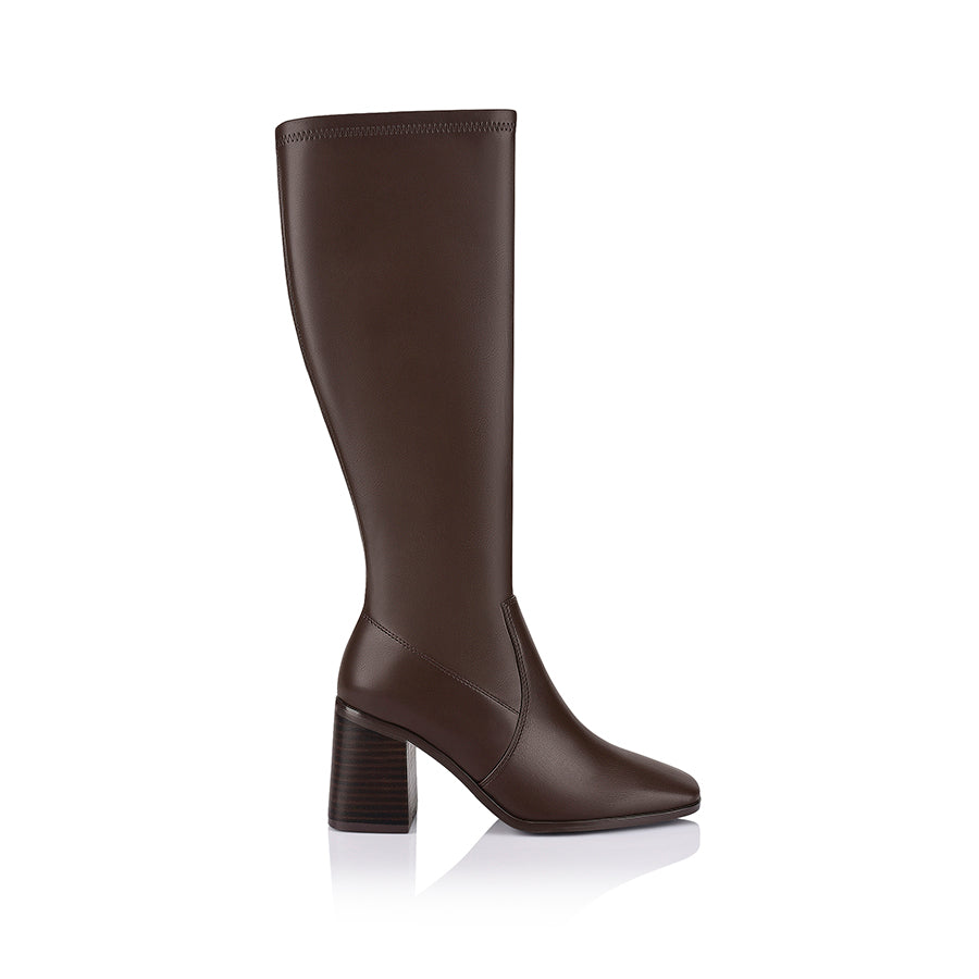 Brown knee high boots with zip closure