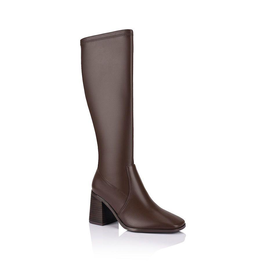 Brown knee high boots with zip closure