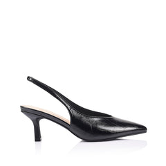 Black crinkle slingback heel with pointed toe shape