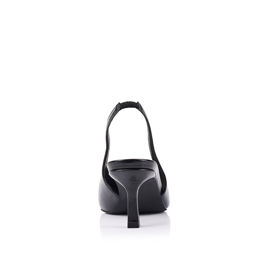 Black crinkle slingback heel with pointed toe shape
