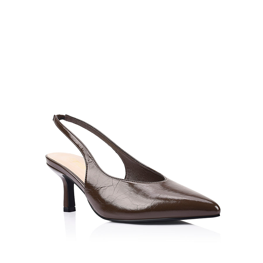 Brown crinkle slingback heel with pointed toe shape