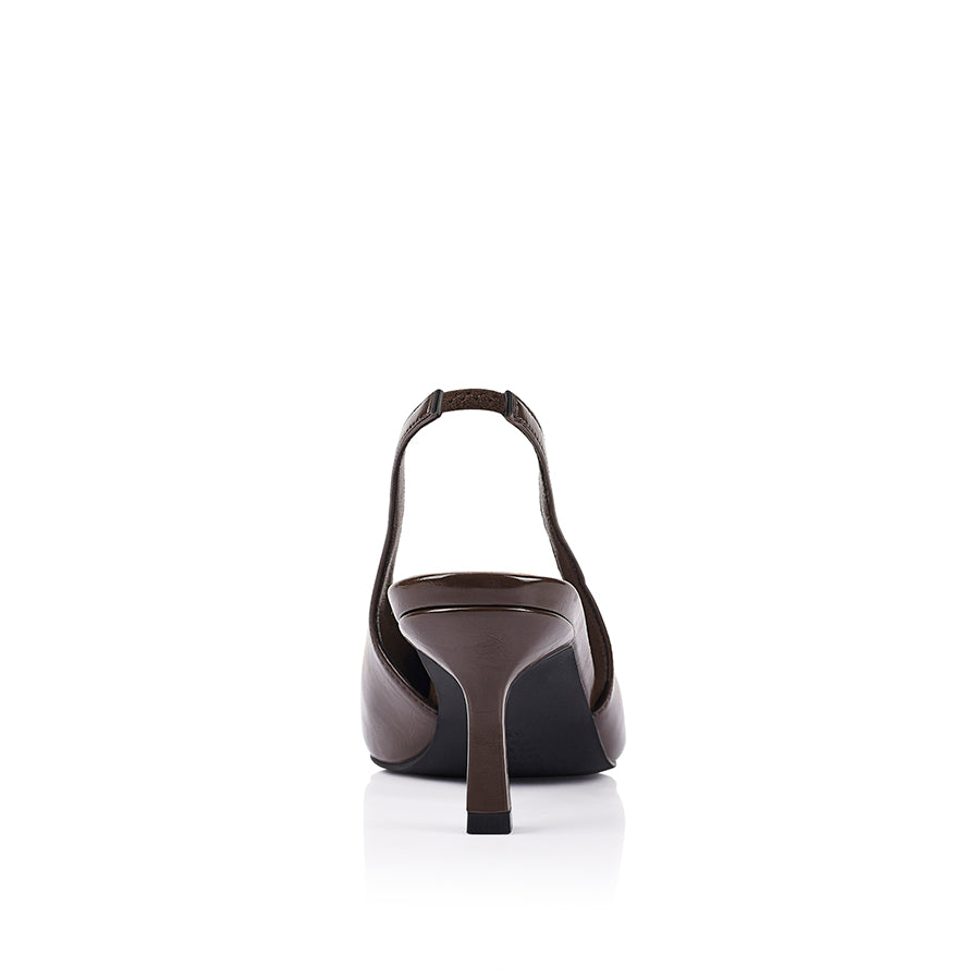 Brown crinkle slingback heel with pointed toe shape