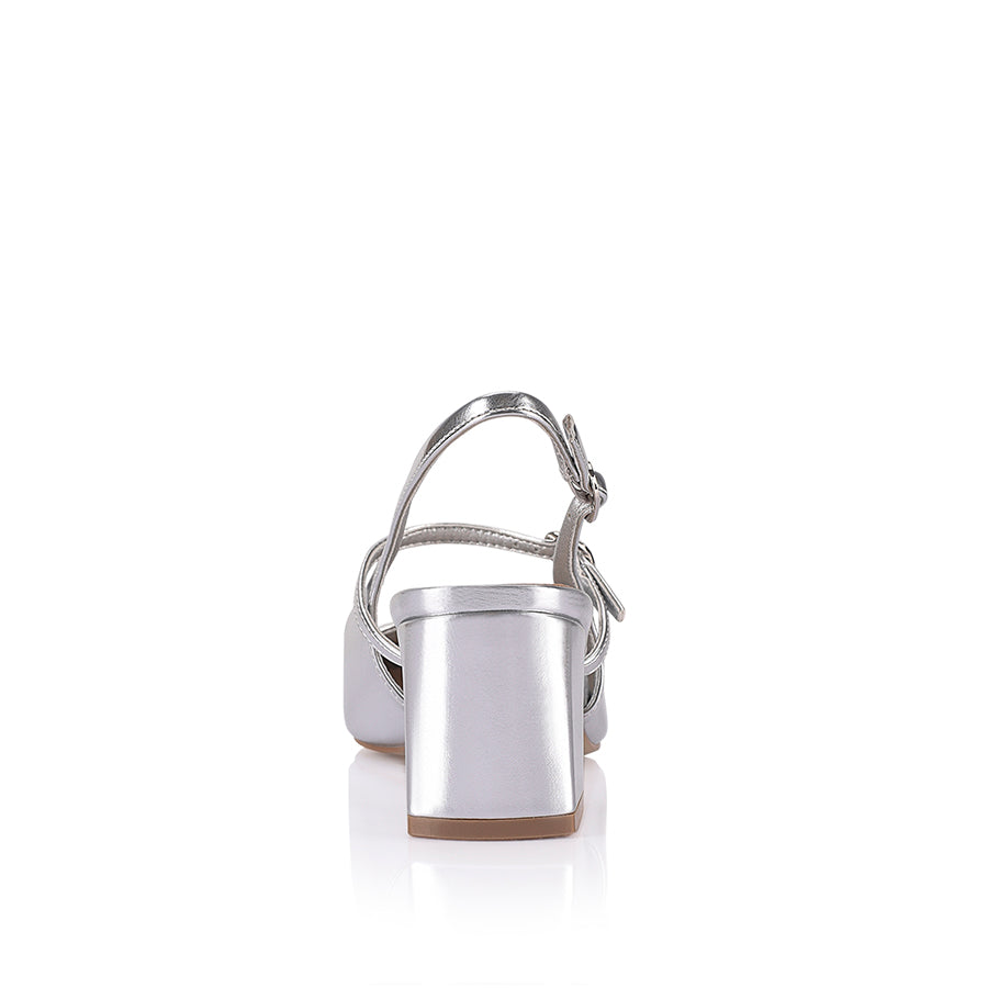 Women's silver mirror slingback block heel with mary jane strap detailling