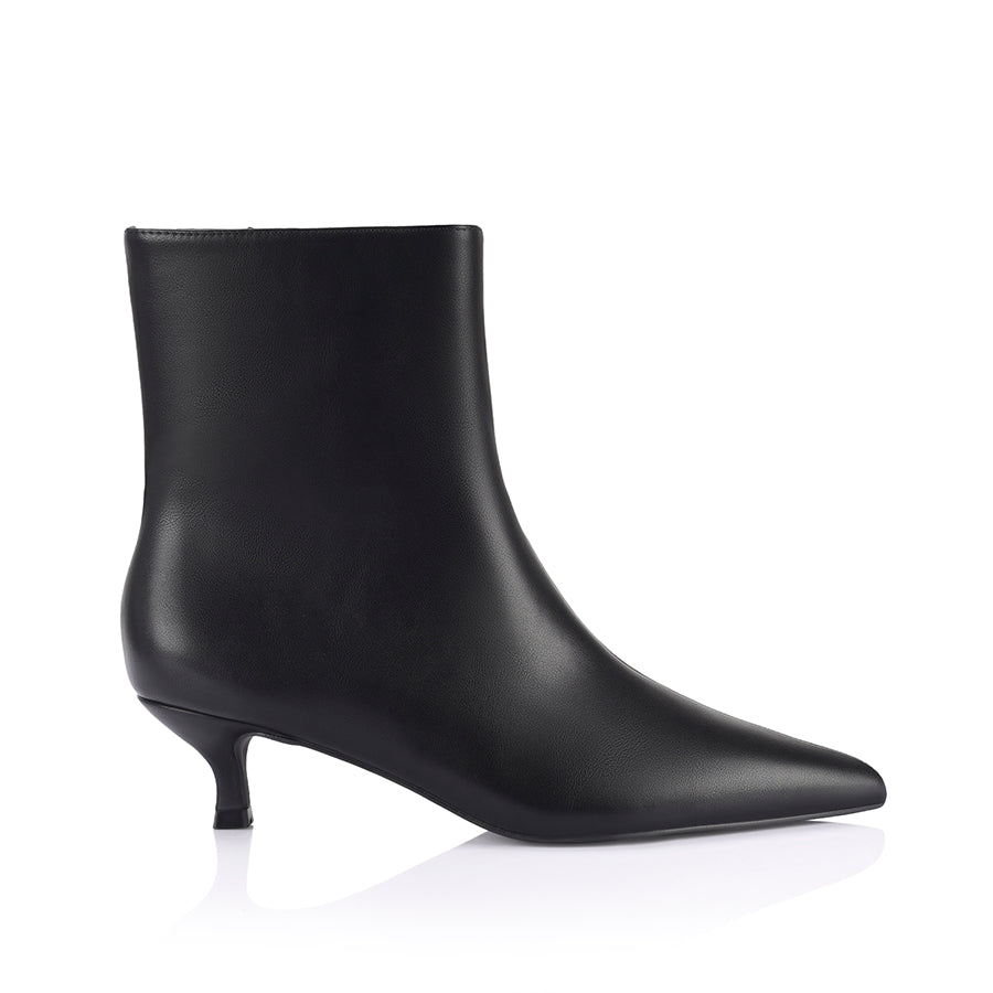 Women's black kitten heel ankle boot with pointed toe