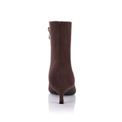 Women's chocolate brown microsuede kitten heel ankle boot with pointed toe