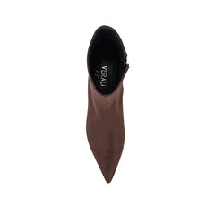 Women's chocolate brown microsuede kitten heel ankle boot with pointed toe