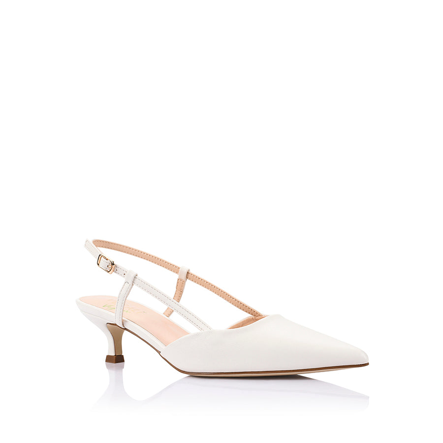 Women's white smooth vegan slingback kitten heel with pointed toe and buckle fastening