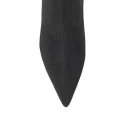 Women's tan microsuede knee high boot with kitten heel and pointed toe