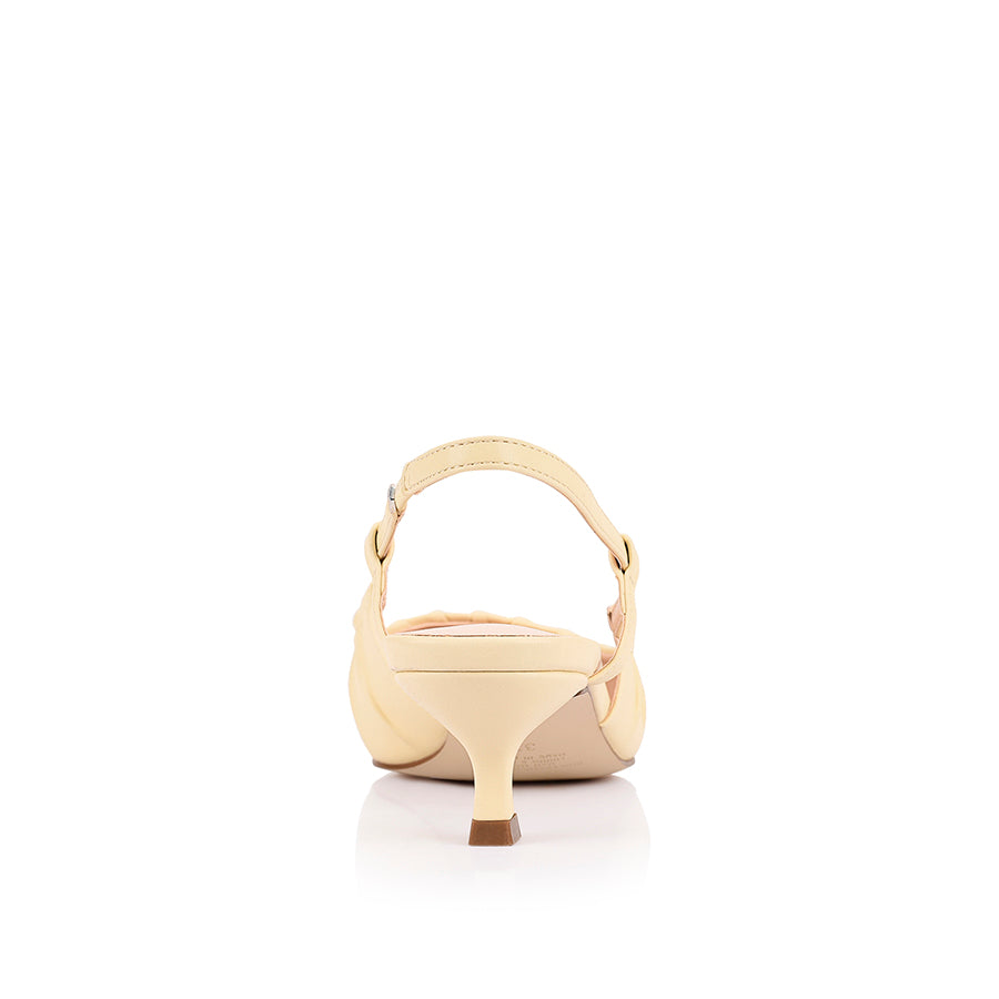 Women's vegan kitten heel slingback in buttercream yellow with gathered upper and elasticated slingback