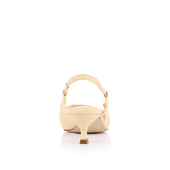 Women's vegan kitten heel slingback in buttercream yellow with gathered upper and elasticated slingback
