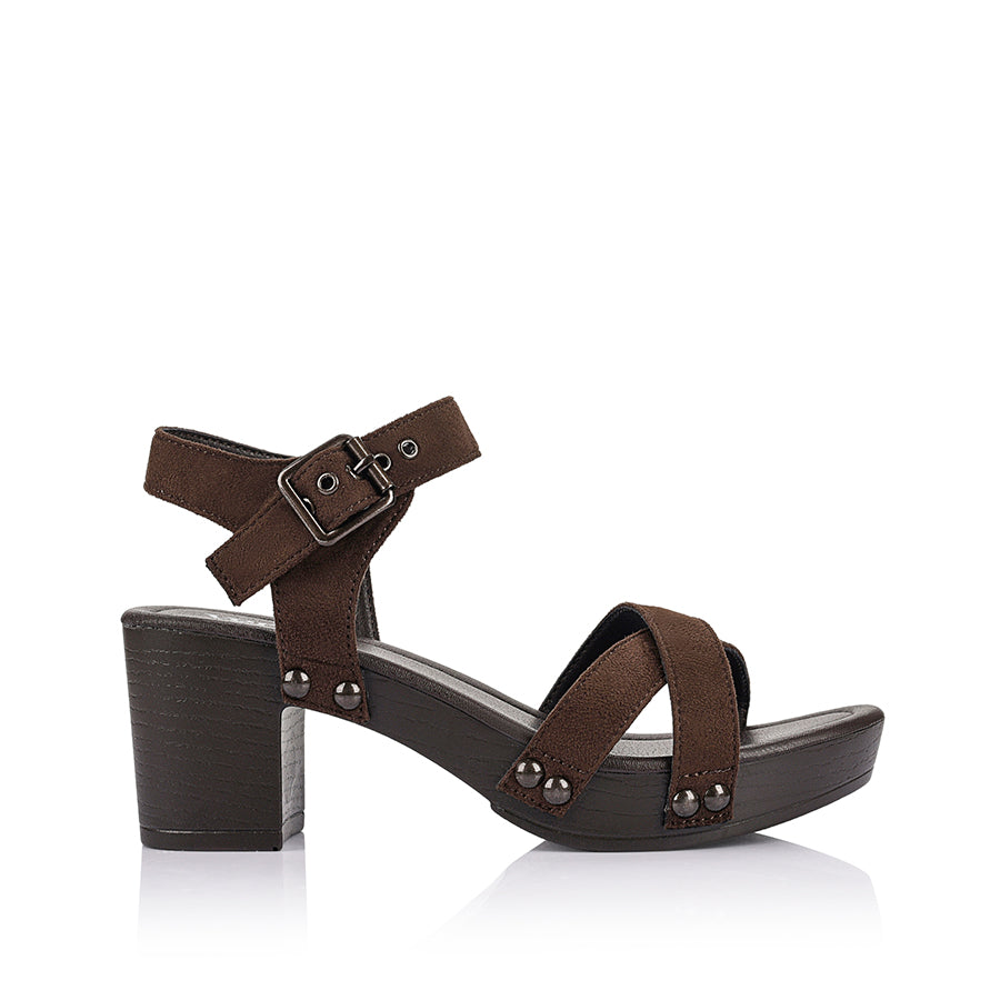 Women's chocolate brown microsuede vegan clog strappy platform sandal