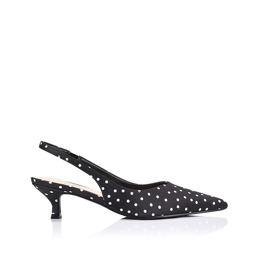 Lush Slingback Kitten Heels - Black Polka Dot Satin
