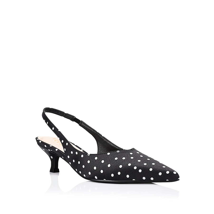 Lush Slingback Kitten Heels - Black Polka Dot Satin
