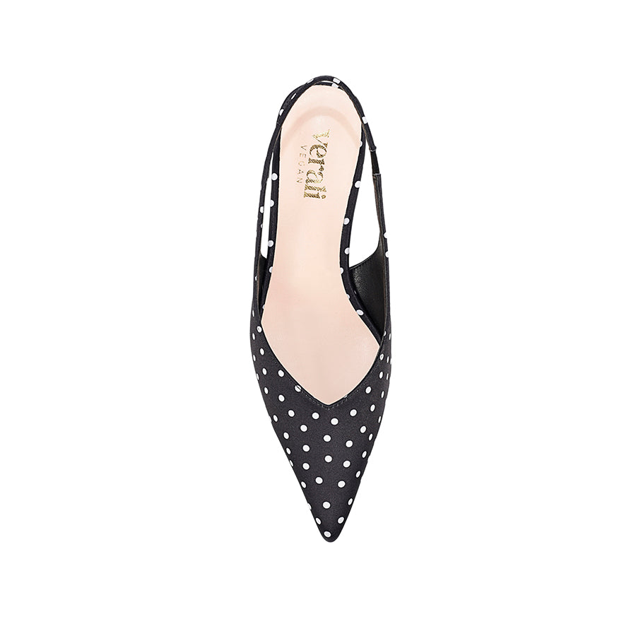 Lush Slingback Kitten Heels - Black Polka Dot Satin