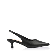 Women's black vegan slingback kitten heel with pointed toe and elastic fastening