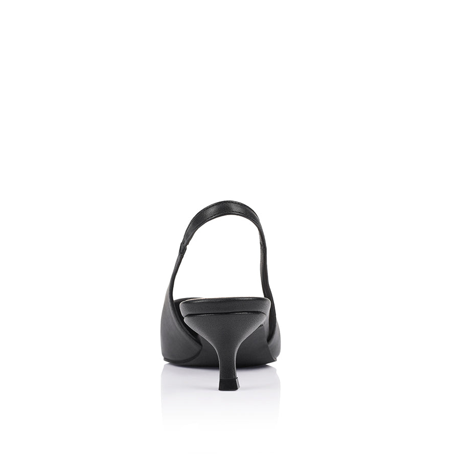 Women's black vegan slingback kitten heel with pointed toe and elastic fastening