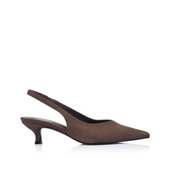 Women's chocolate brown microsuede vegan slingback kitten heel with pointed toe and elastic fastening