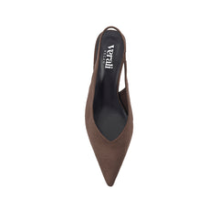 Women's chocolate brown microsuede vegan slingback kitten heel with pointed toe and elastic fastening