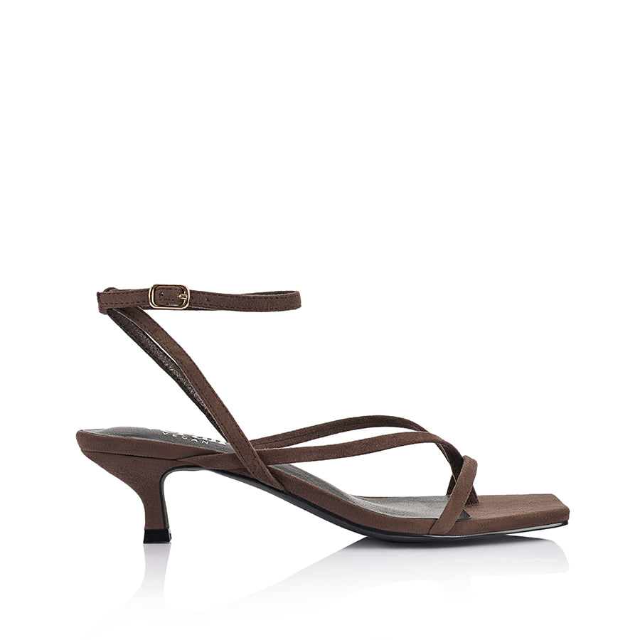 Women's low kitten heel, strappy thong style with adjustable ankle strap in chocolate brown microsuede