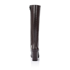 Women's vegan chocolate brown croc embossed knee high boot with block heel and pointed toe
