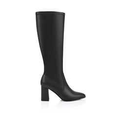 Black knee-high boot on a mid block heel