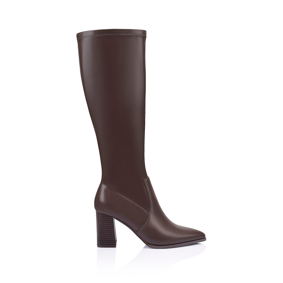 Chocolate brown knee-high boot on a mid block heel