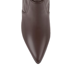 Chocolate brown knee-high boot on a mid block heel