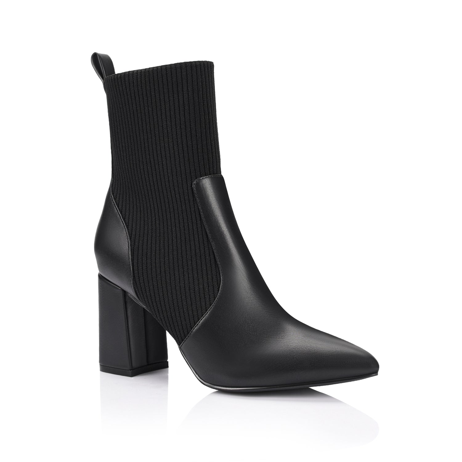 Women's black smooth and knit ankle boot with block heel