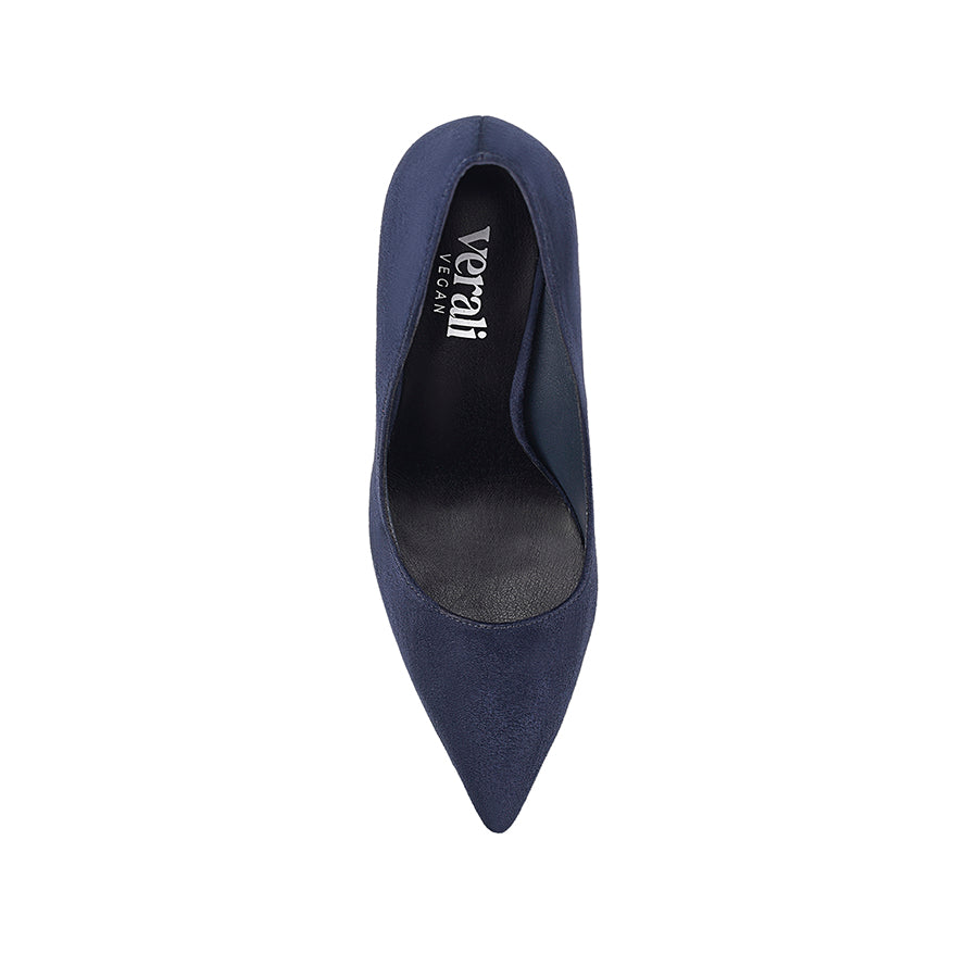 Navy microsuede high heel pump with a pointed toe shape
