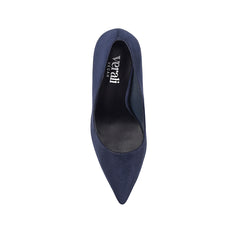 Navy microsuede high heel pump with a pointed toe shape
