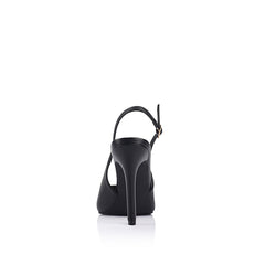 High heel black pump with buckle closure and pointed toe shape