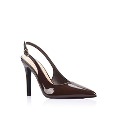 High heel black pump with buckle closure and pointed toe shape