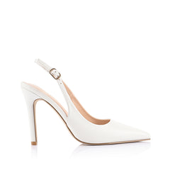 High heel black pump with buckle closure and pointed toe shape